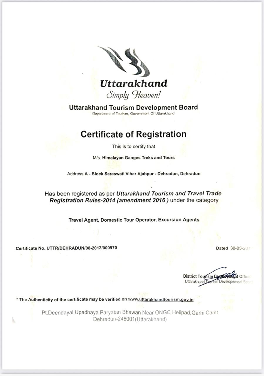 Uttarakhand Tourism certificate